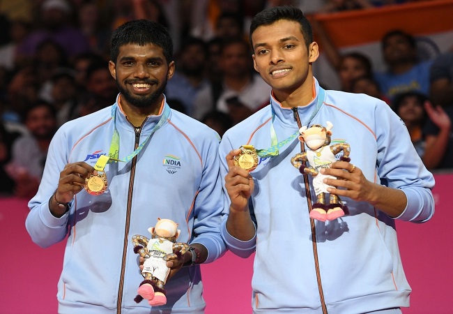Birmingham: Gold Medalists Satwiksairaj Rankireddy and Chirag Shetty pose with their medal after winning the Men's Doubles Final Badminton match against England's Ben Lane and Sean Vendy at the Commonwealth Games 2022, in Birmingham, England on Mondays, August 08, 2022. (Photo: Subir Halder/IANS)